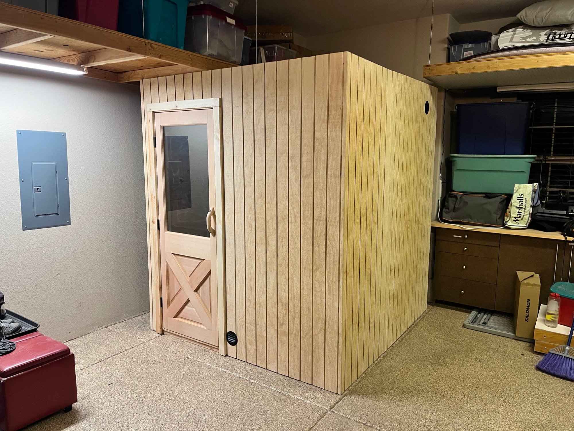 6.5x6.5 garage sauna in Reno, sealed tight against moisture