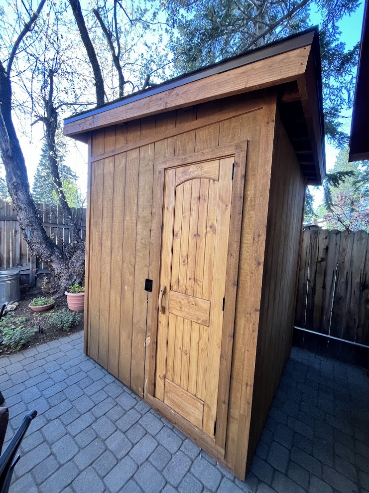 Windowless 5x6 backyard sauna built for privacy and fast heat